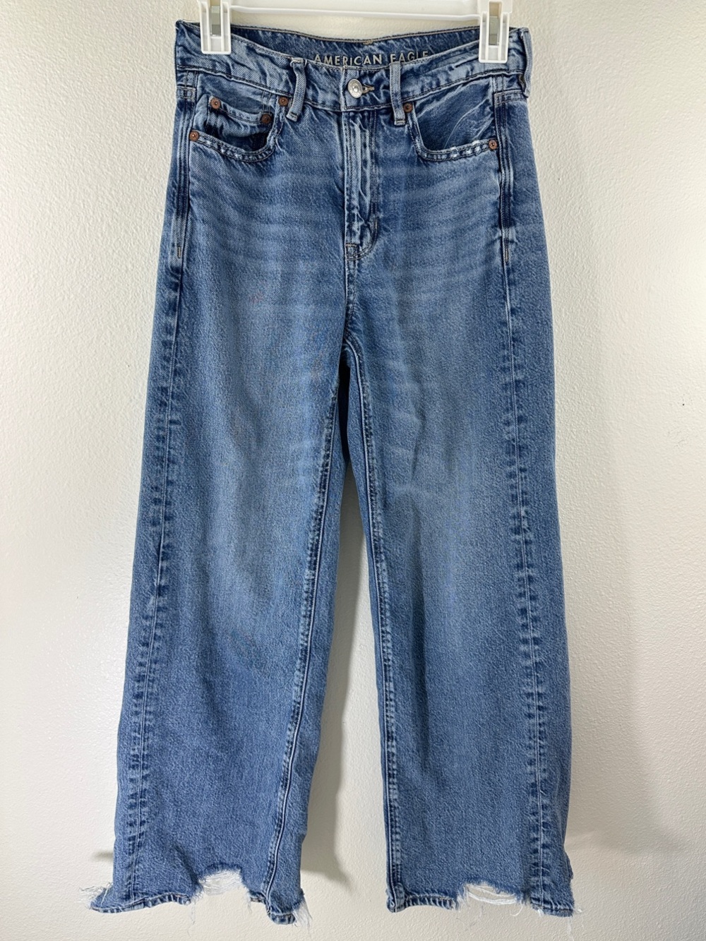 American Eagle Super High-Rise Baggy Wide Leg Jeans Distressed Hem 00 Short